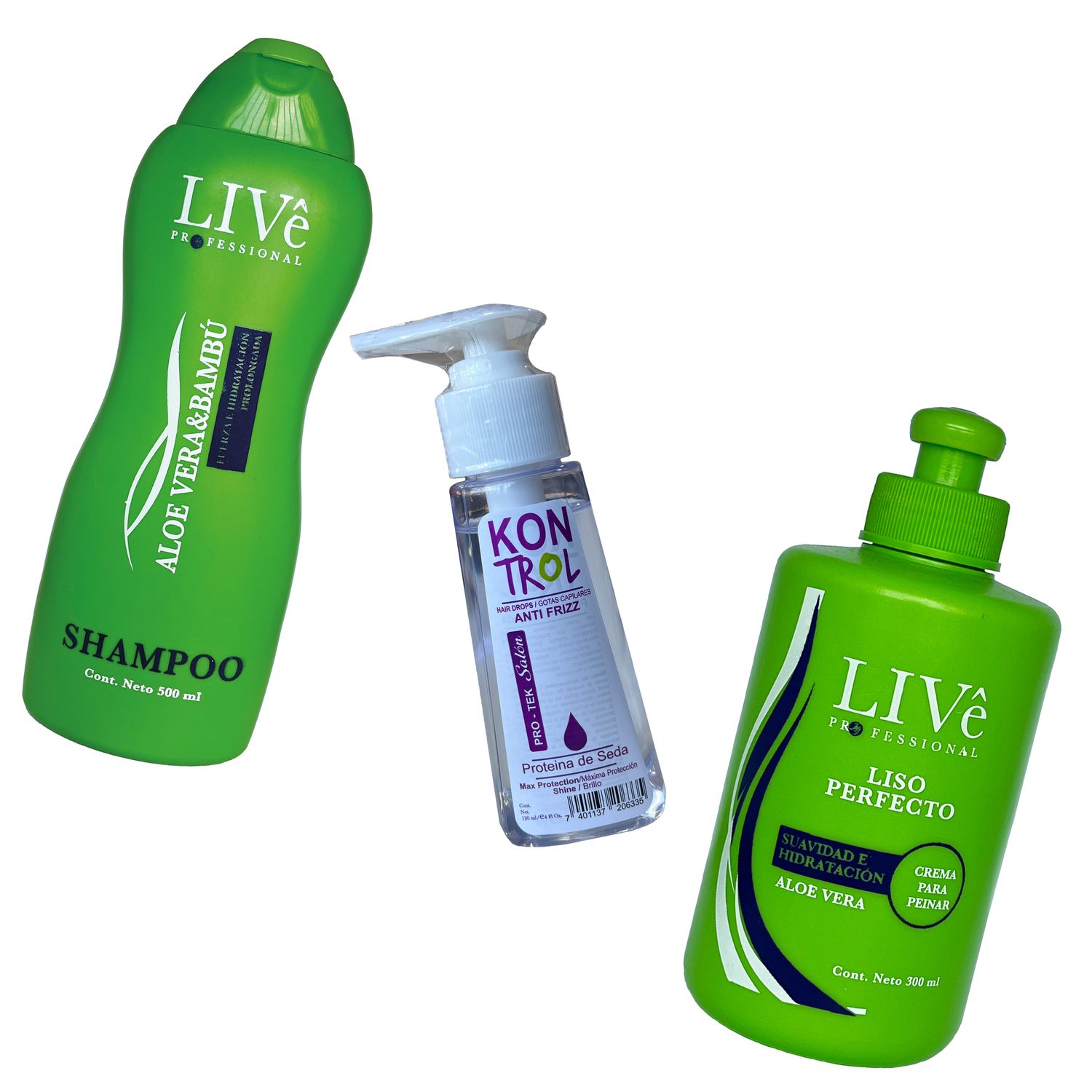 COMBO ALOE BAMBU :

Shampoo Live 
Gotas capilares Kontrol 
Crema para peinar Live