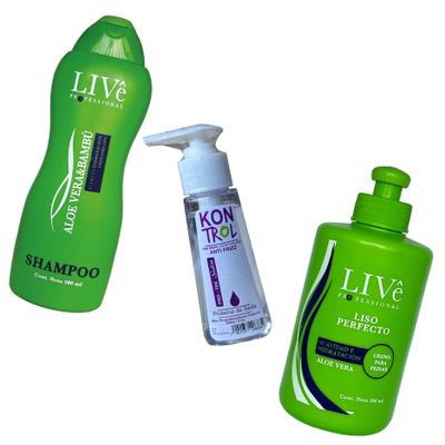 COMBO ALOE BAMBU :
Shampoo Live
Gotas capilares Kontrol
Crema para peinar Live