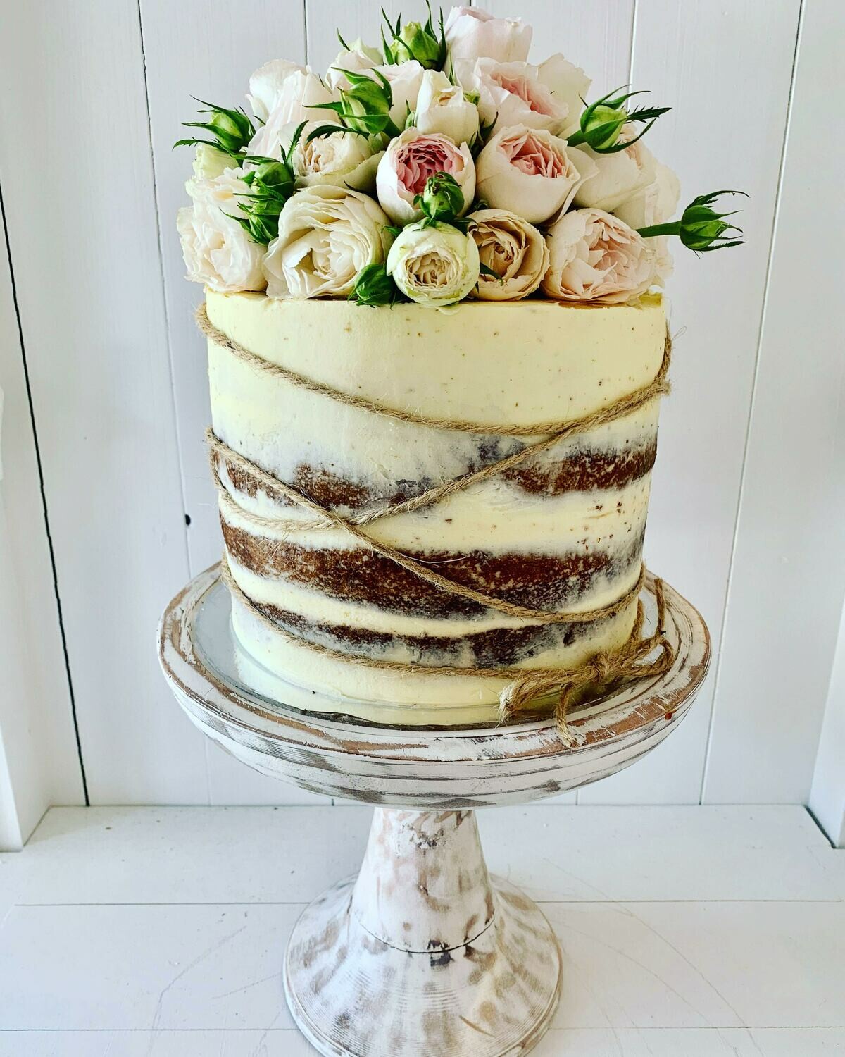 Whitewashed Cake with Fresh Roses & Twine Wrap