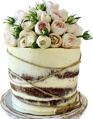 Whitewashed Cake with Fresh Roses & Twine Wrap