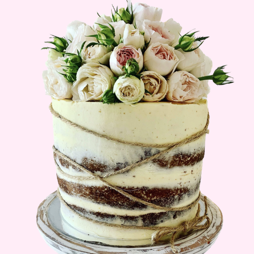 Whitewashed Cake with Fresh Roses &amp; Twine Wrap