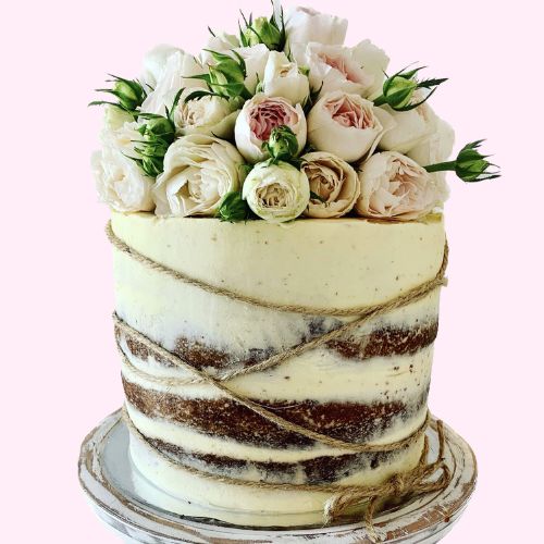 Whitewashed Cake with Fresh Roses &amp; Twine Wrap