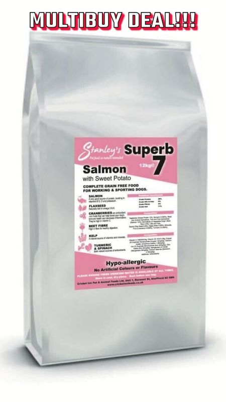 12kg Stanley’s Salmon Superb 7 - Salmon and Sweet Potato Grain Free Dog Food. Buy 2 save £6!!! 12kg Stanley’s Salmon Superb 7 - Salmon and Sweet Potato Grain Free Dog Food. Buy 2 save £6!!!
