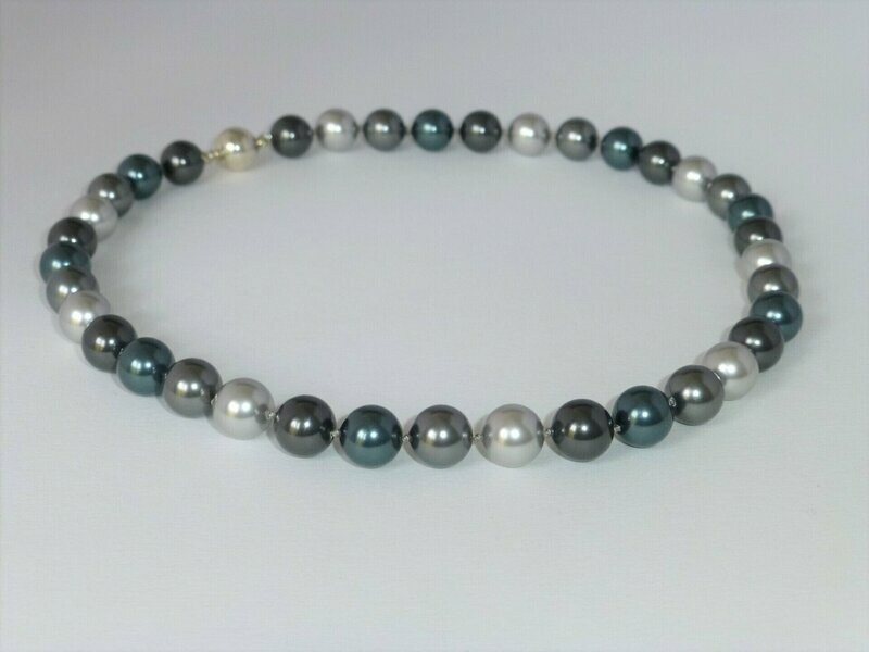 Perlenkette 10mm Grau-Petrol