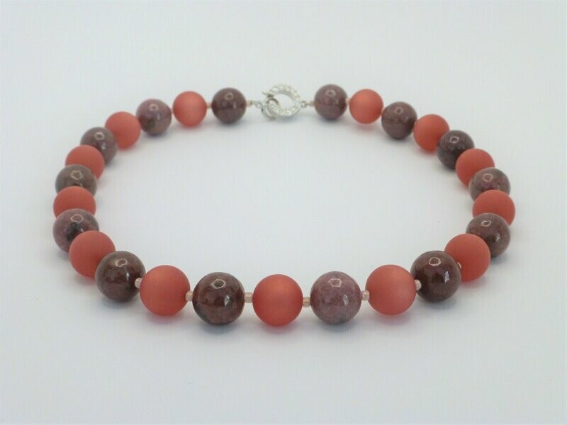 Halskette Rhodonit und Polaris Kugeln 14mm