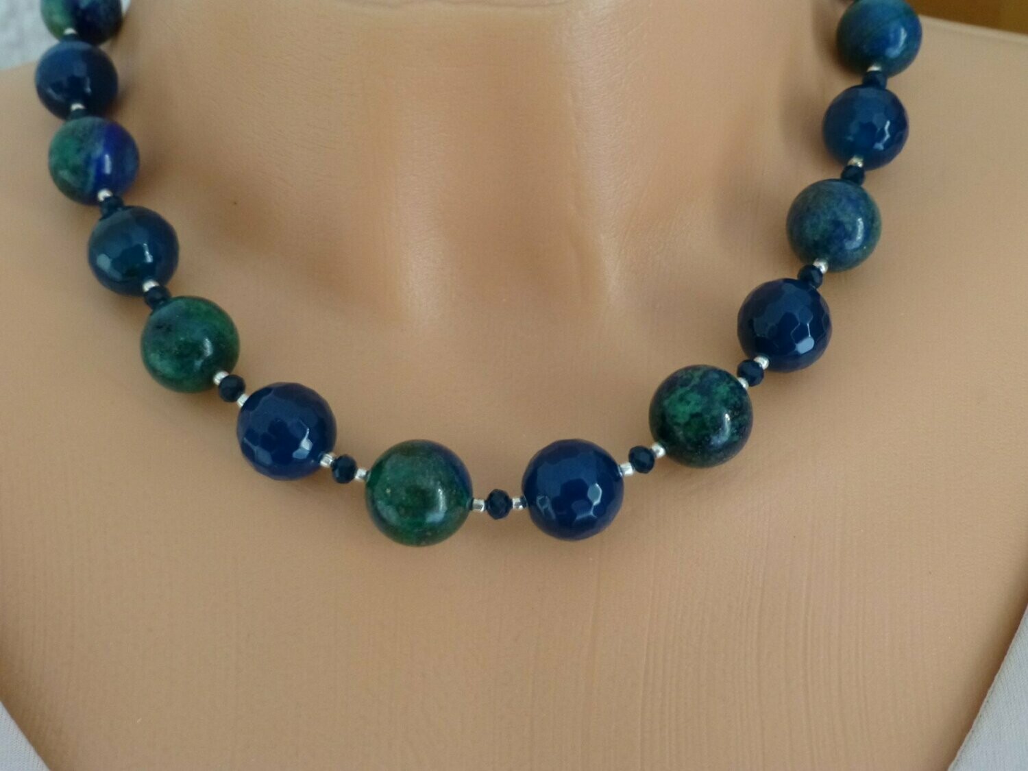 Halskette Azurit-Malachit und Achat Blau Kugeln 14mm