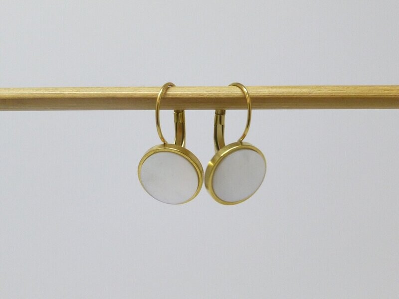 Ohrringe Edelstahl Gold Perlmutt Weiß Cabochon flach