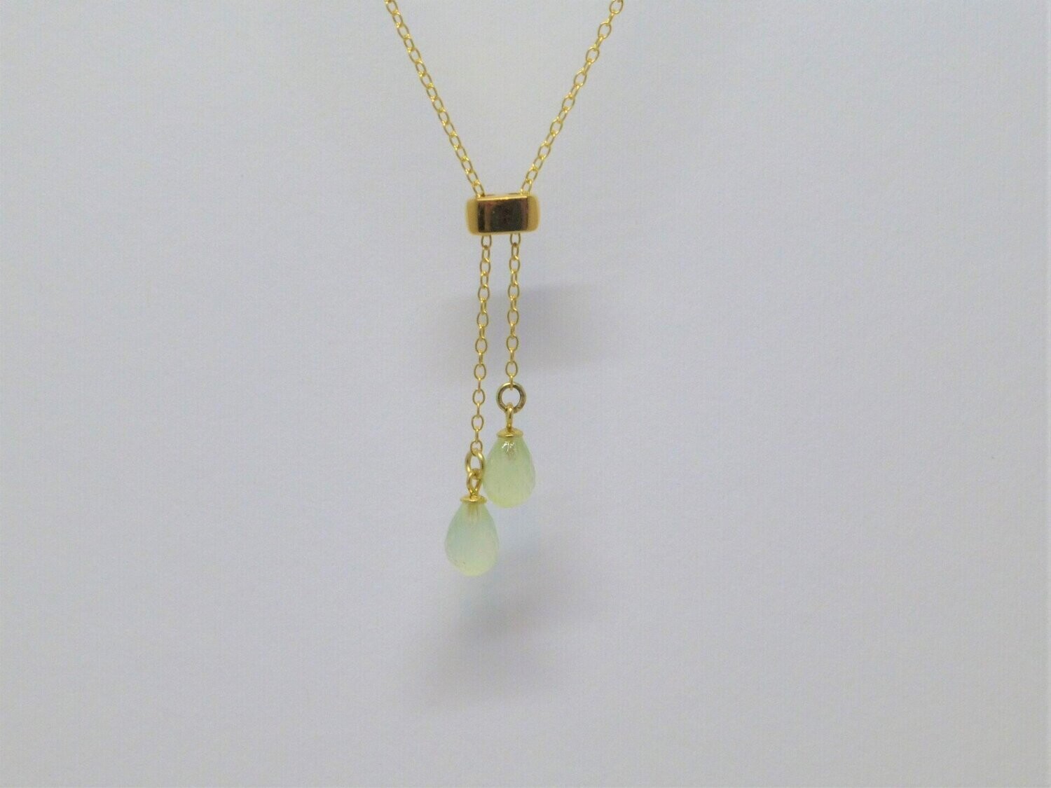 Zarte Y-Kette Gold Anhänger Prehnit Tropfen