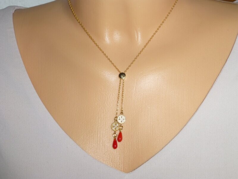 Zarte Y-Kette Gold Anhänger Koralle-Tropfen