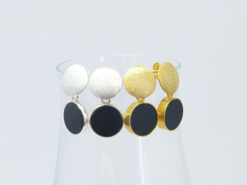 Ohrstecker mit Anhänger Onyx-Münze 11mm Silber 925 Gold