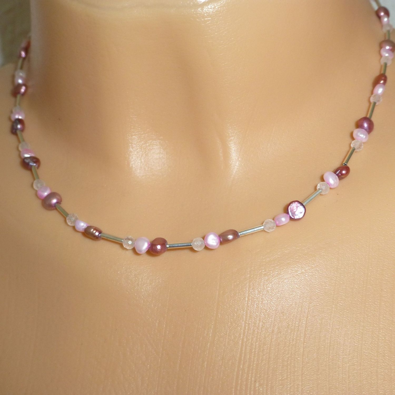Zierliche Süsswasser-Perlenkette Rosa mit Rosenquarz