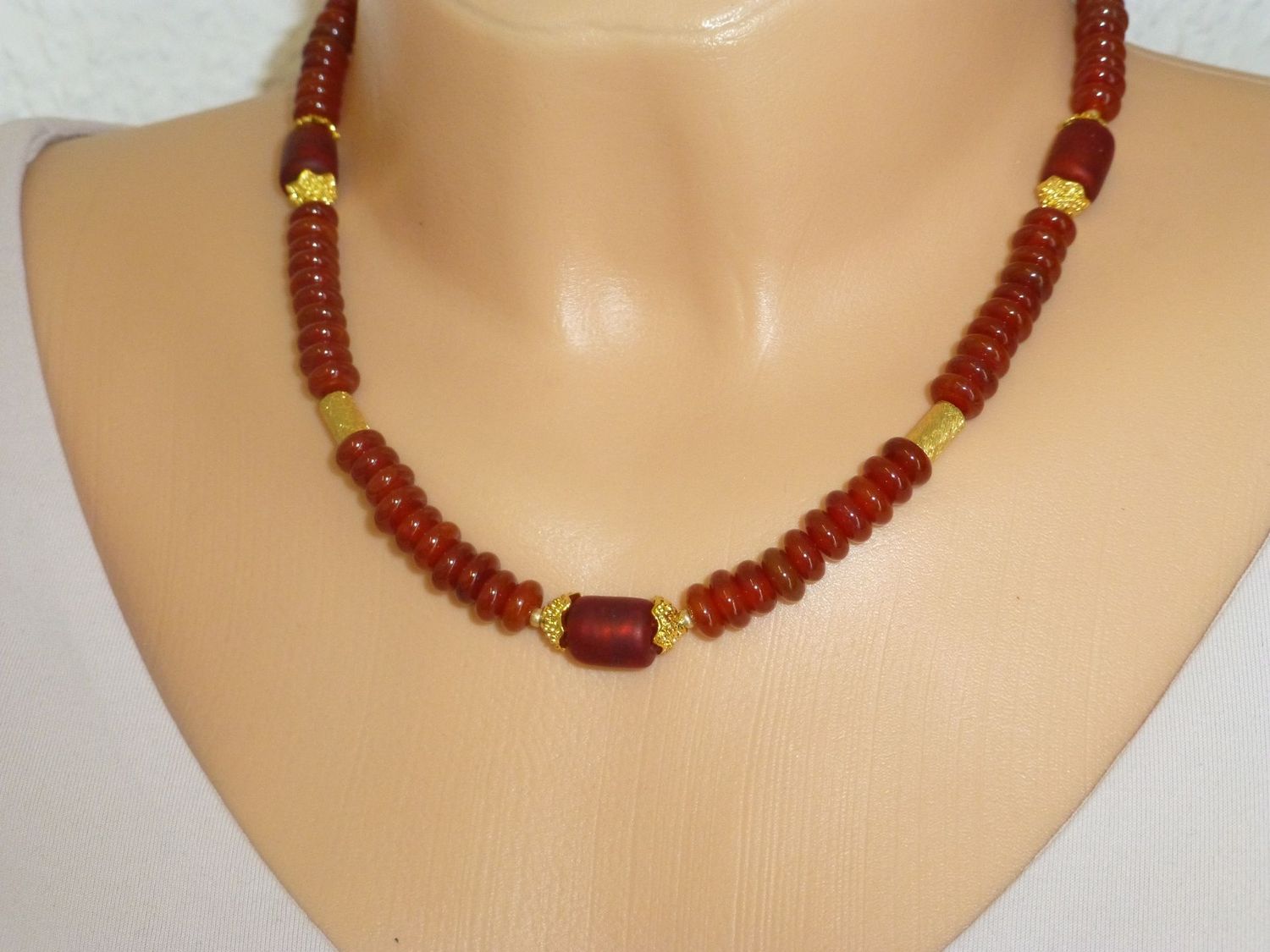 Halskette Karneol Rondelle mit Lampwork Glas