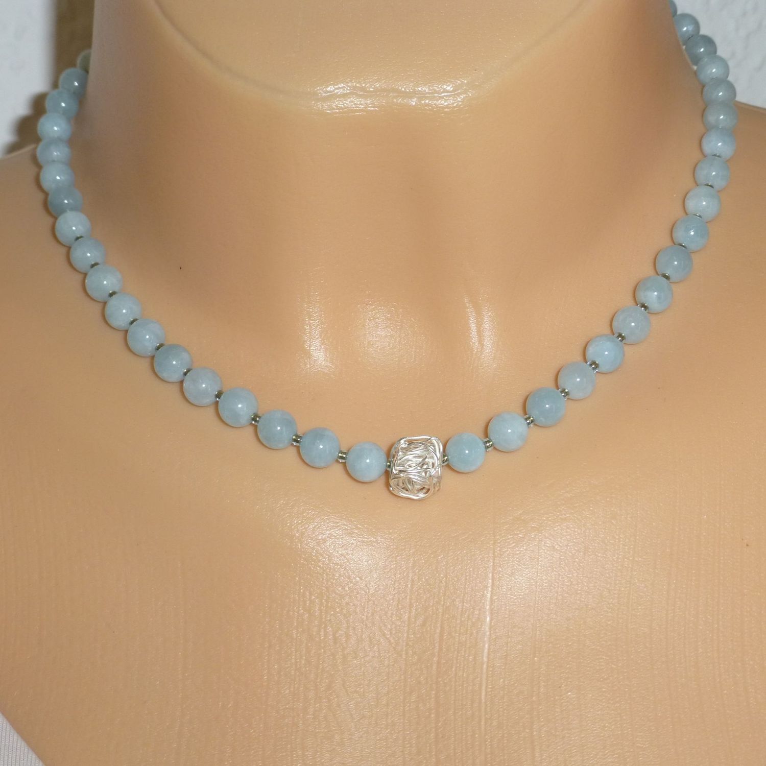 Halskette Aquamarin Kugeln 6mm mit Silberwürfel