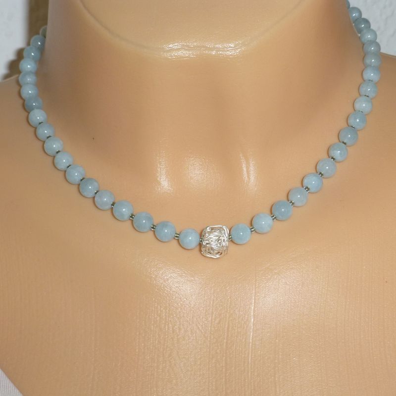 Halskette Aquamarin Kugeln 6mm mit Silberwürfel