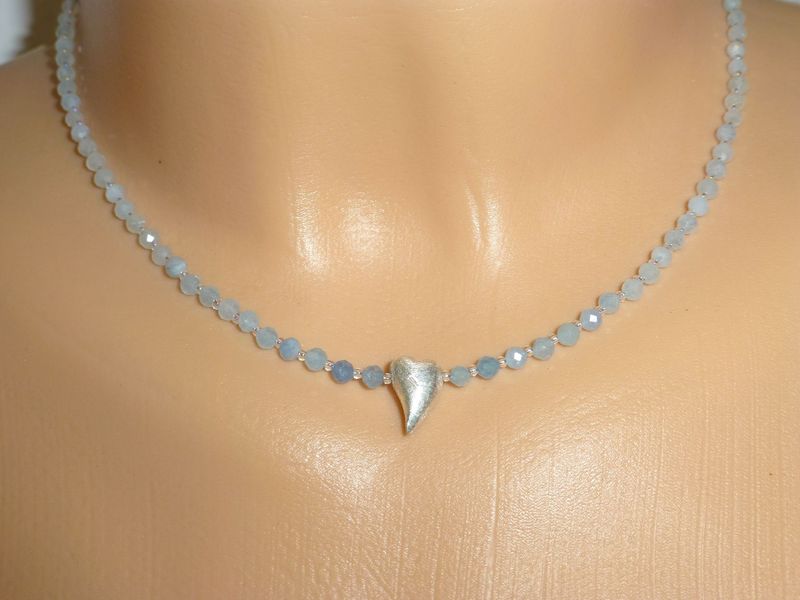 Halskette Aquamarin Kugeln 3mm mit Herz Silber