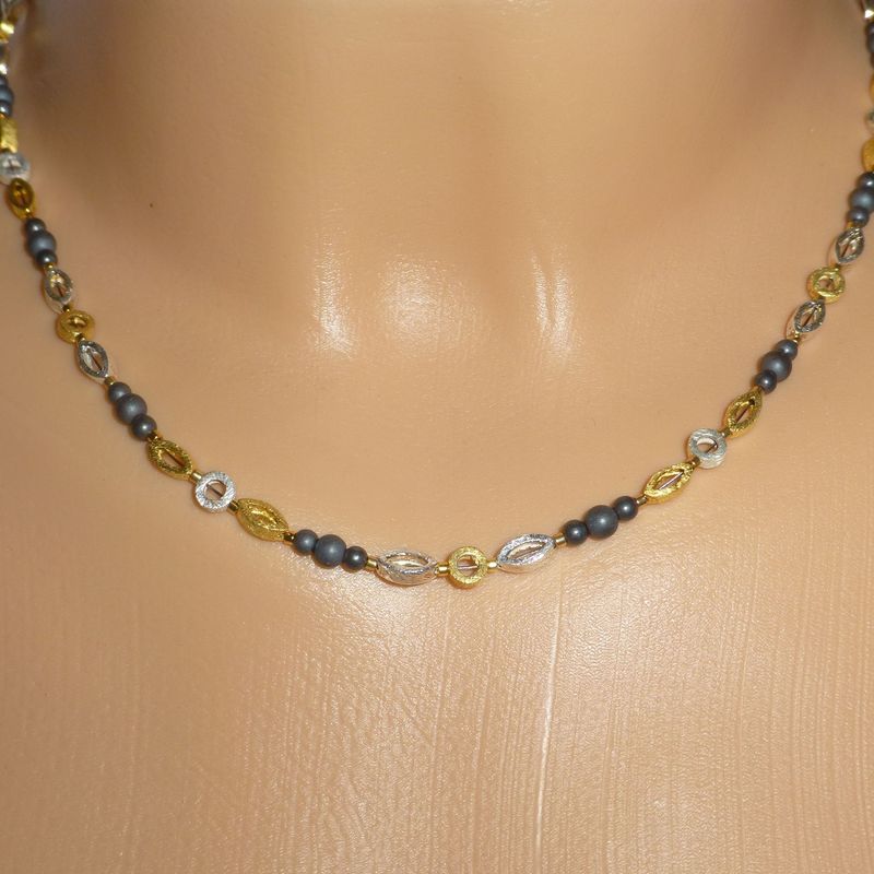 Halskette Navette Silber Gold mit Hämatit Kugeln