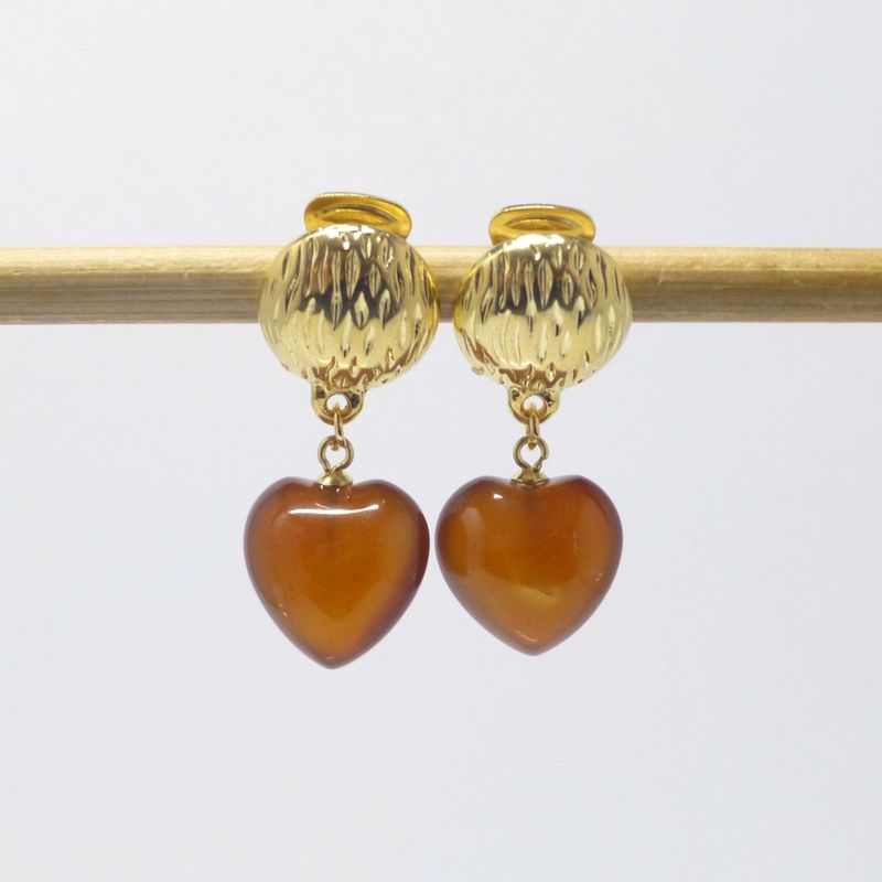 Lange Ohrclips Gold Herz Karneol 15mm