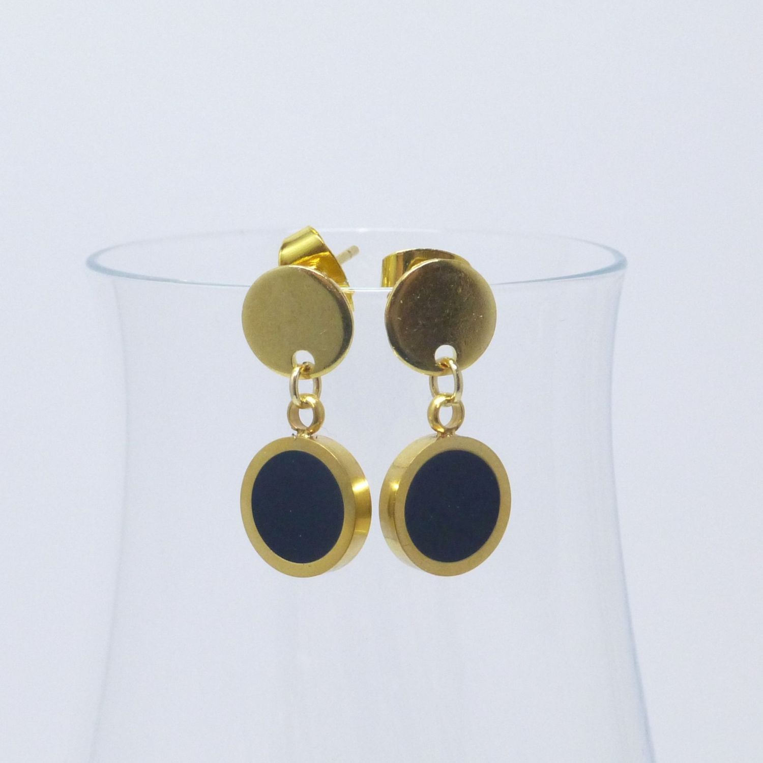 Ohrstecker Edelstahl Gold mit Anhänger Emaille Schwarz