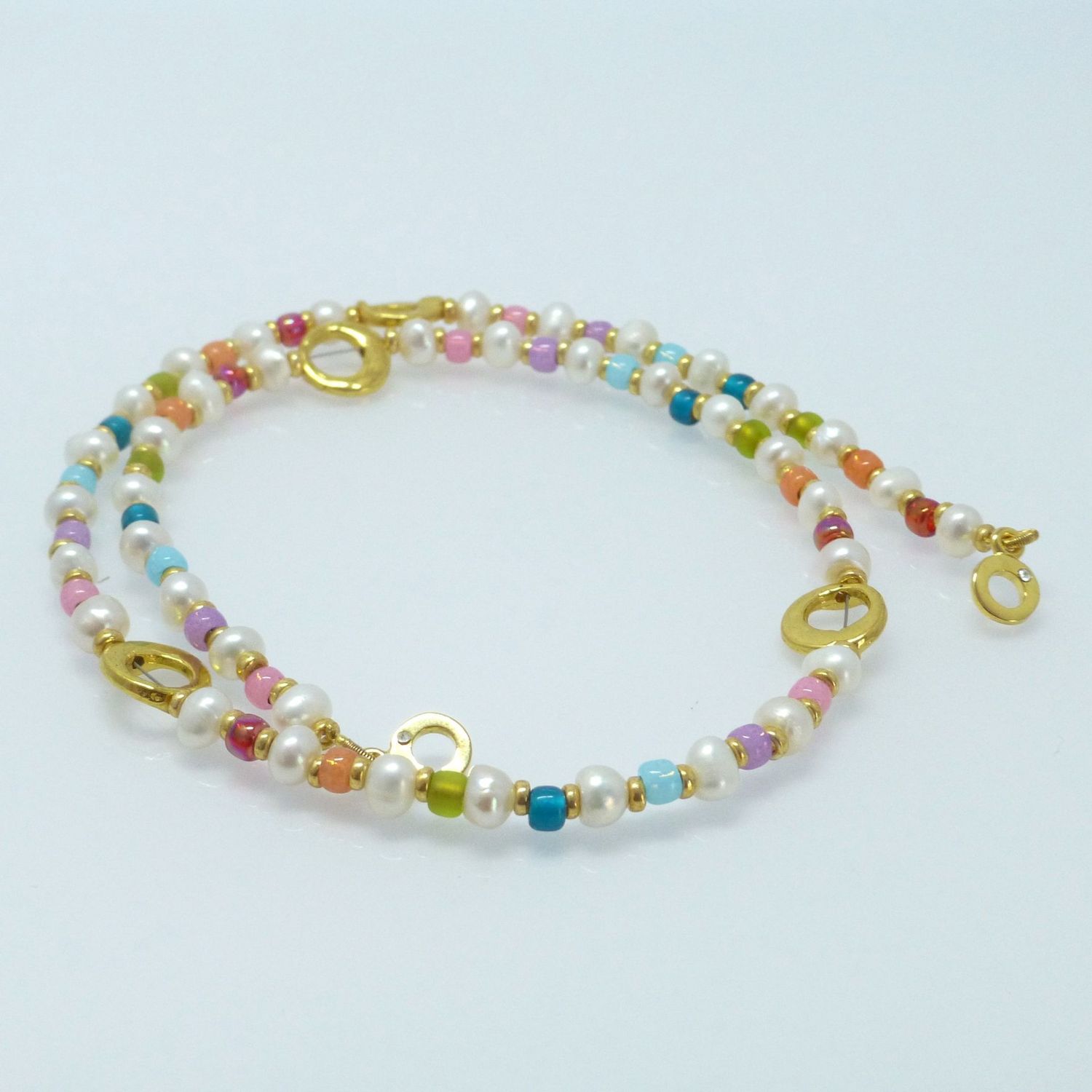 Zuchtperlenkette Weiß-Bunt mit Gold Zuchtperlenkette Weiß-Bunt mit Gold