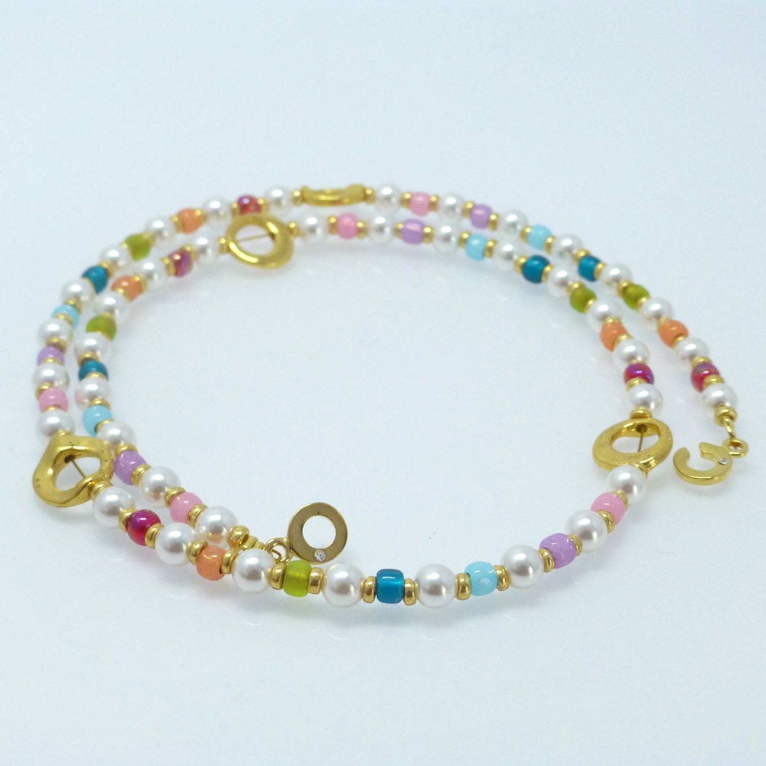 Perlenkette Weiß-Bunt mit Gold