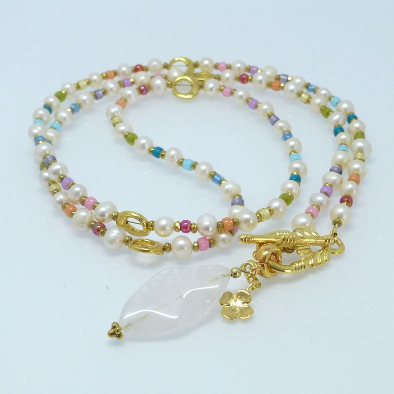 Lange Zuchtperlenkette Weiß-Bunt mit Gold