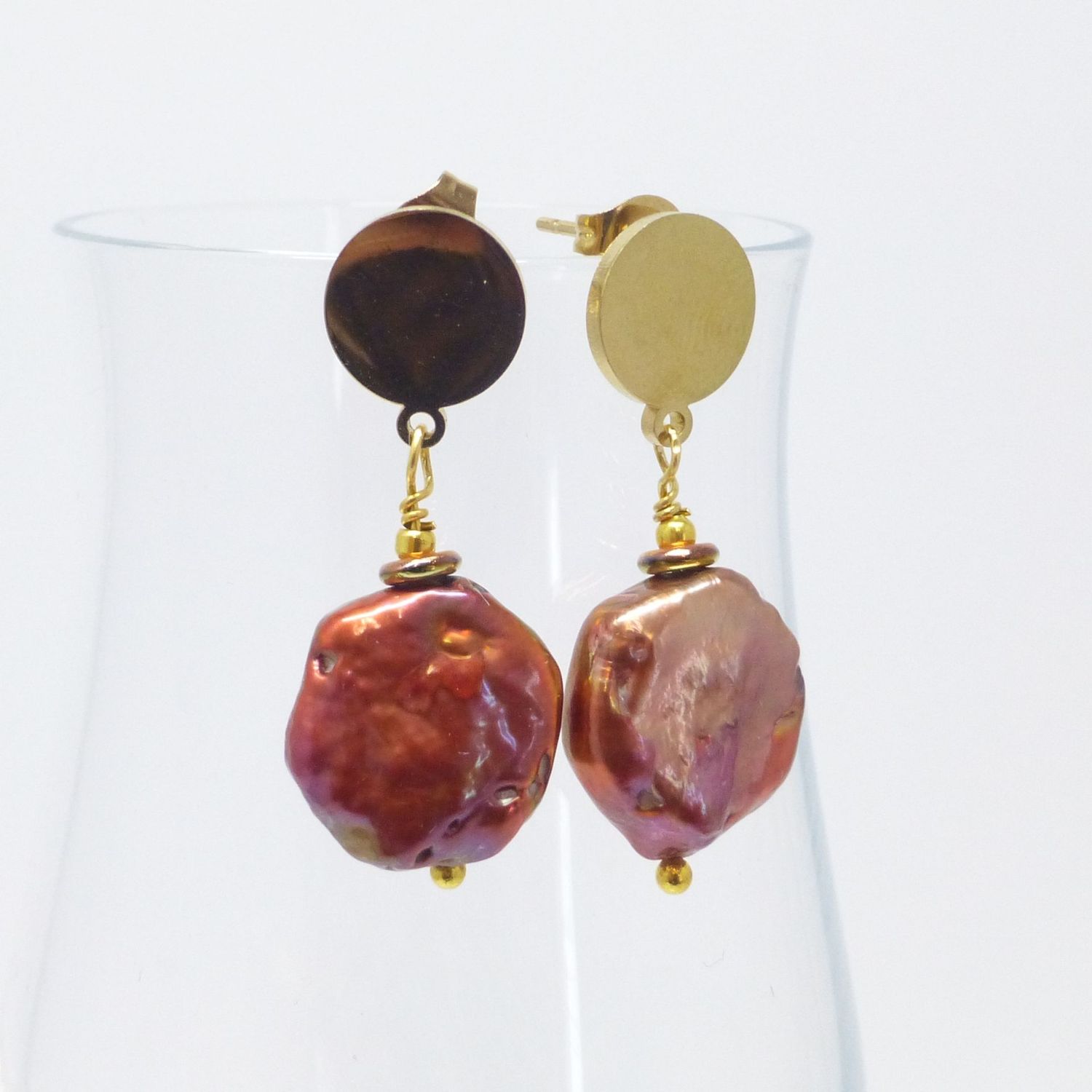 Ohrstecker Edelstahl Gold mit Biwa-Perlen 6-Eck Ohrstecker Edelstahl Gold mit Biwa-Perlen 6-Eck