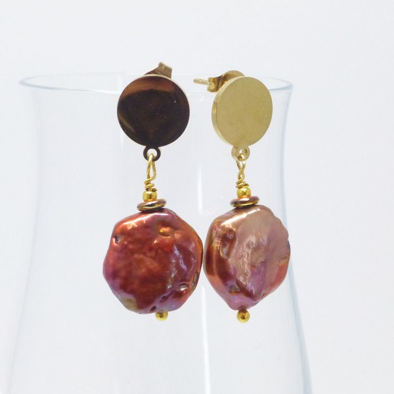 Ohrstecker Edelstahl Gold mit Biwa-Perlen 6-Eck