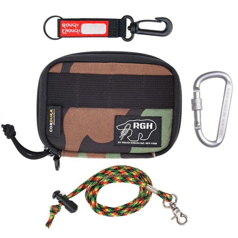 Rough Enough Mens Card Holder Wallet for Men Teen Boys with Zipper Coin Pocket Neck Lanyard Clip in Camo Cordura
