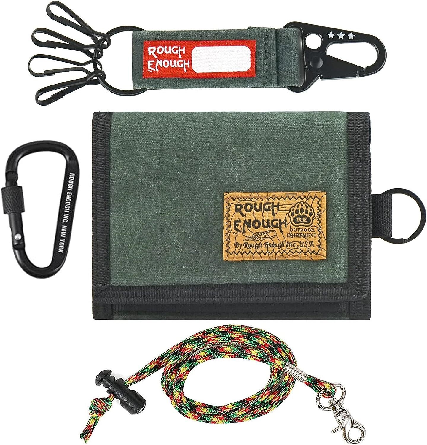 RE8541 Rough Enough Mens Wallet for Men Tenn Boys Kids Wallets with Tactical Keychain Lanyard Carabiner Army Green Canvas