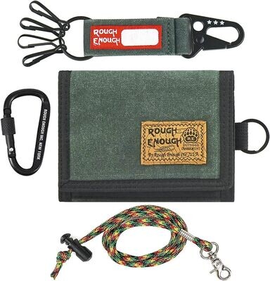 RE8541 Rough Enough Mens Wallet for Men Tenn Boys Kids Wallets with Tactical Keychain Lanyard Carabiner Army Green Canvas