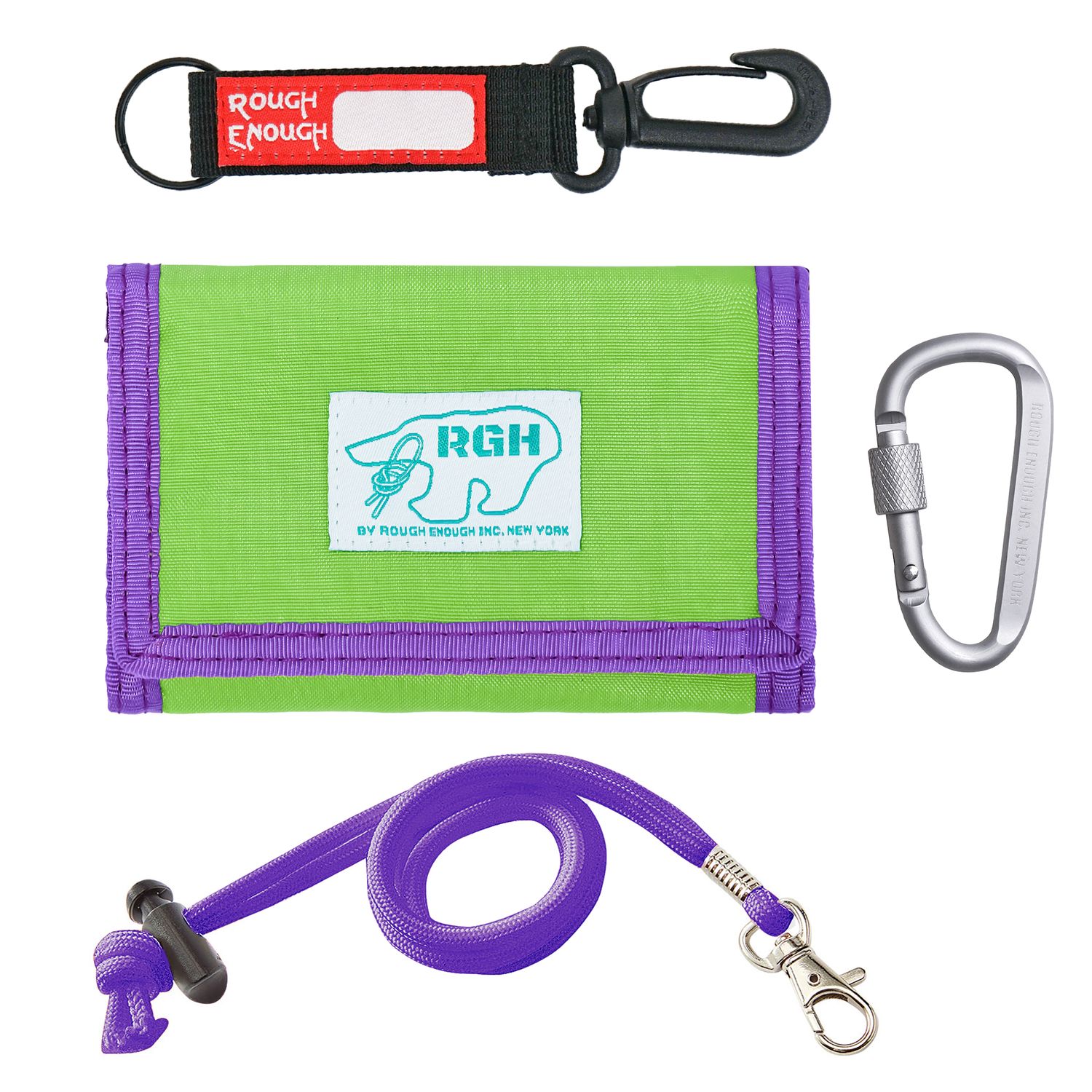 Rough Enough Kids Wallet for Boys Girls Preppy Teens with Neck Lanyard Card Holder Slot Nylon Twill Classic Casual Vintage Sport Camp Green Purple