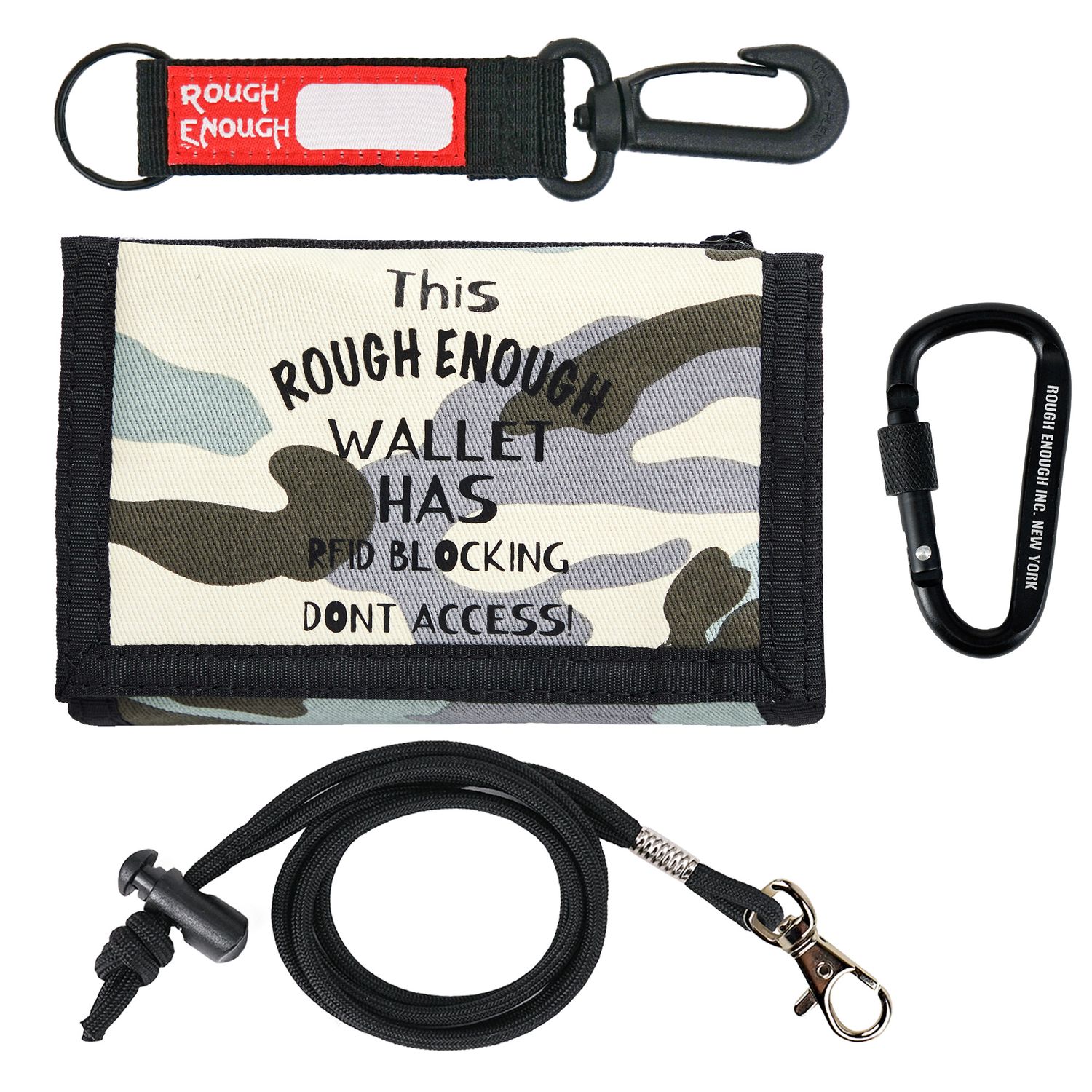 Rough Enough Kids Wallet for Boys Preppy Teens RFID Blocking with Black Lanyard Keychain Light Blue Camo Canvas