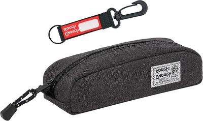 Rough Enough Small Canvas Pencil Case Pen Pouch Back to School Supplies for Student Girls Boys Adults Office Classroom with Detachable Keychian Black