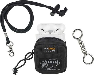 Rough Enough Earbud Case Pouch Headphone Storage Bag with Lanyard Neck Keychain for Earphone Earbuds Wireless Bluetooth Black