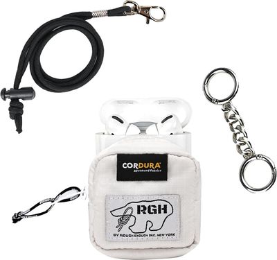 Rough Enough Earbud Case Pouch Headphone Storage Bag with Lanyard Neck Keychain for Earphone Earbuds Wireless Bluetooth White