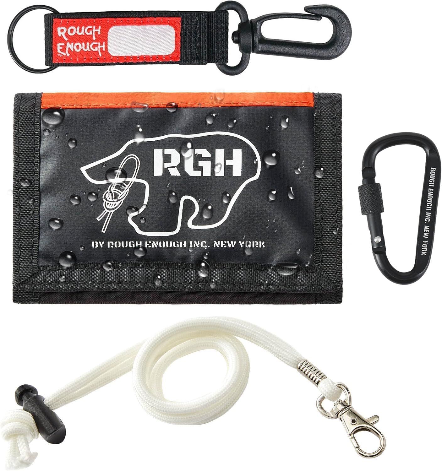 Rough Enough Boys Wallet for Teen Kids with Neck Lanyard Zipper Coin Purse Card Holder Waterproof Black Orange Glow in the Dark