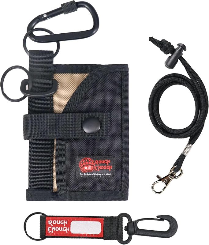 ROUGH ENOUGH Coin Holder for Car – Tactical Cordura with Zipper Coin Pocket, Neck Lanyard Carabiner – Slim Card Holder for Men, Travel