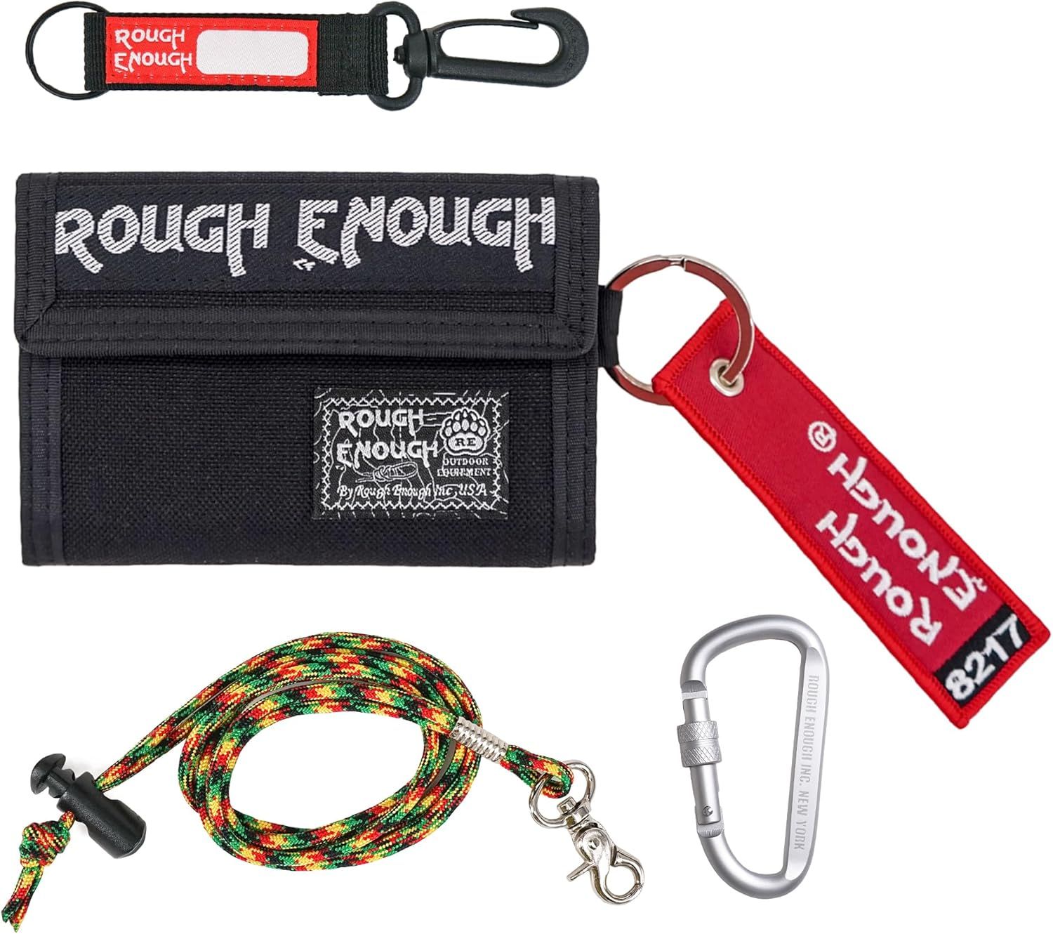 Rough Enough Wallet for Kids Boys Teens Heavy Duty Fabric with Zipper Coin Pocket Neck Strap and Keychain Card Holder for Travel Daily Use Black