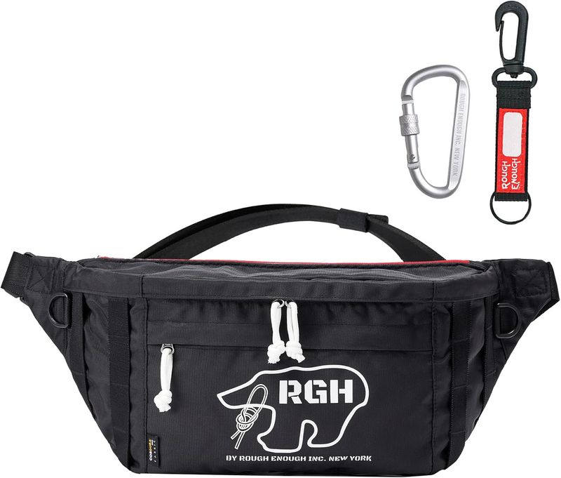 Rough Enough Crossbody Bag for Men Large Black Fanny Pack 6.5L Water Resistant for Travel Essentials EDC with Zippers Adjustable Strap