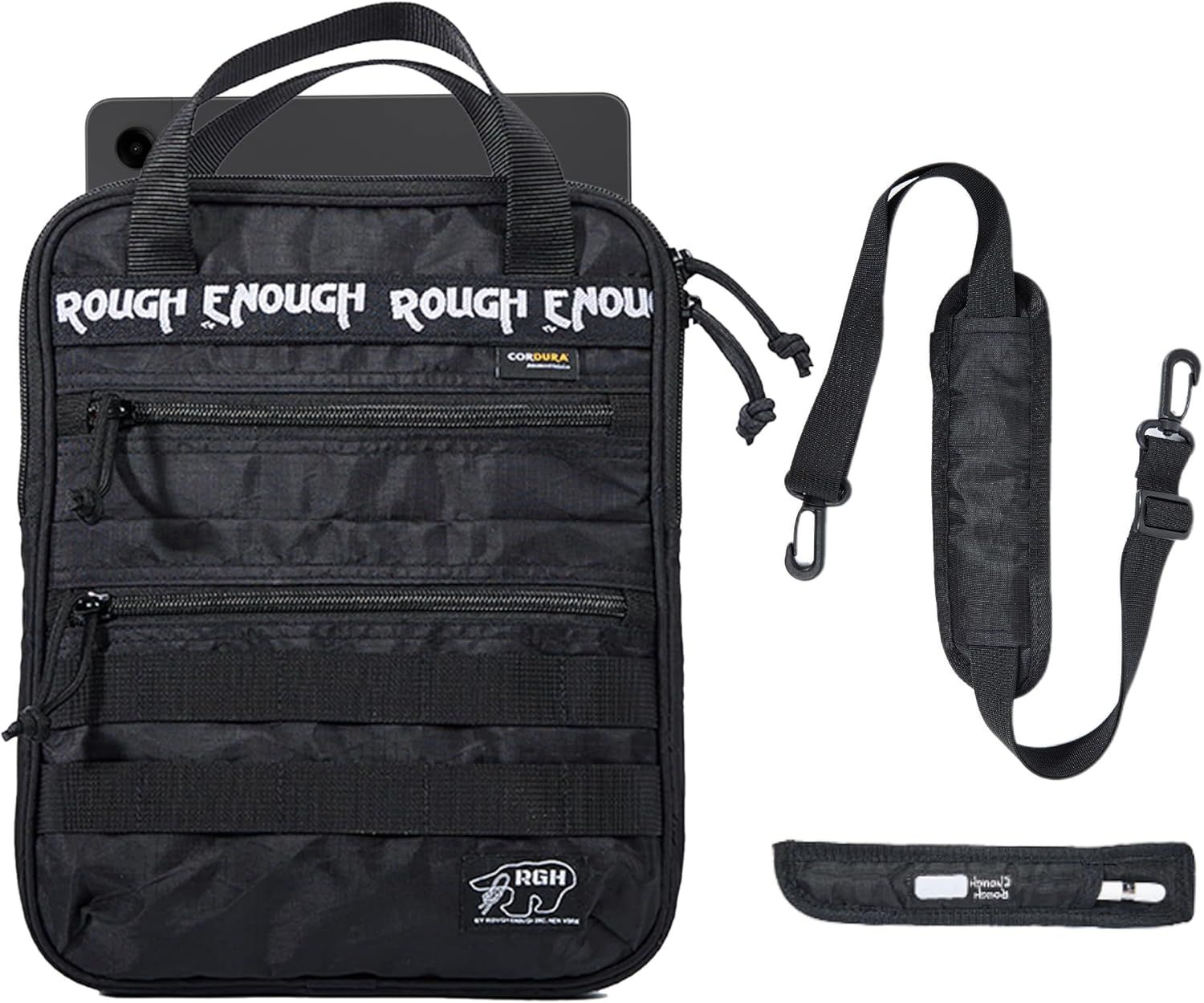 Rough Enough Tablet Case Bag 9-11 Inch IPad for College Students Men Campus Outdoor Travel with Detachable Shoulder Strap Pen Sleeve Holder Weather Resistant Black Cordura