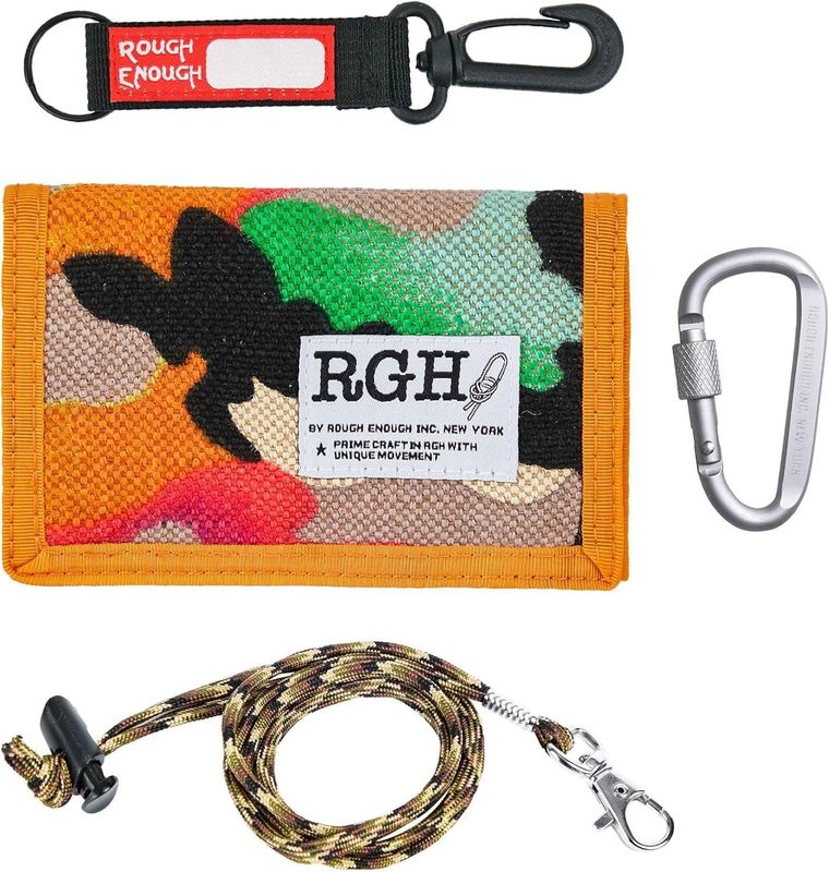 Rough Enough Kids Wallet for Boys Teens with Adjustable Neck Lanyard Keychain Durability Canvas Material Classic Casual Vintage Design Orange Camo