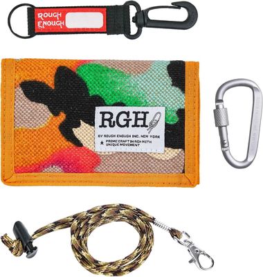 Rough Enough Kids Wallet for Boys Teens with Adjustable Neck Lanyard Keychain Durability Canvas Material Classic Casual Vintage Design Orange Camo