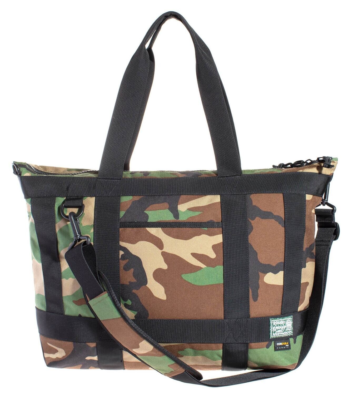 Rough Enough Large Tote Bag for Women Men 20L Tote Bag with Zipper Compartments Crossbody Strap for Work Travel in Tactical Green Camo Cordura