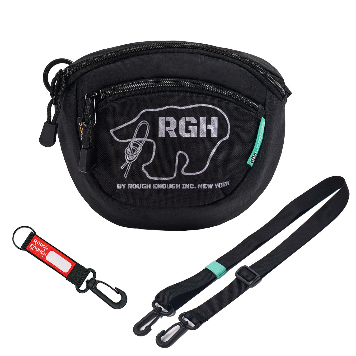 Rough Enough Small Crossbody Bag RFID Anti Theft for Men Women Travel Black Water Resistant Sailboat and 1000D Cordura, Neon Green Lining, YKK Zipper, UTX Buckles, Adjustable Strap, Black Keychain