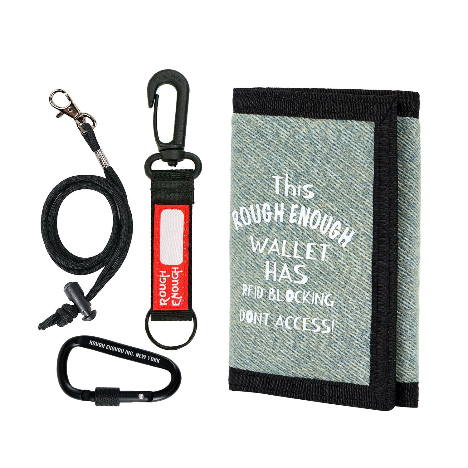 Rough Enough Kids Wallet for Boys Teens RFID Blocking Wallet with Lanyard Keychain Letter Print Blue Green Vintage Denim Canvas for Travel Outdoor Activities