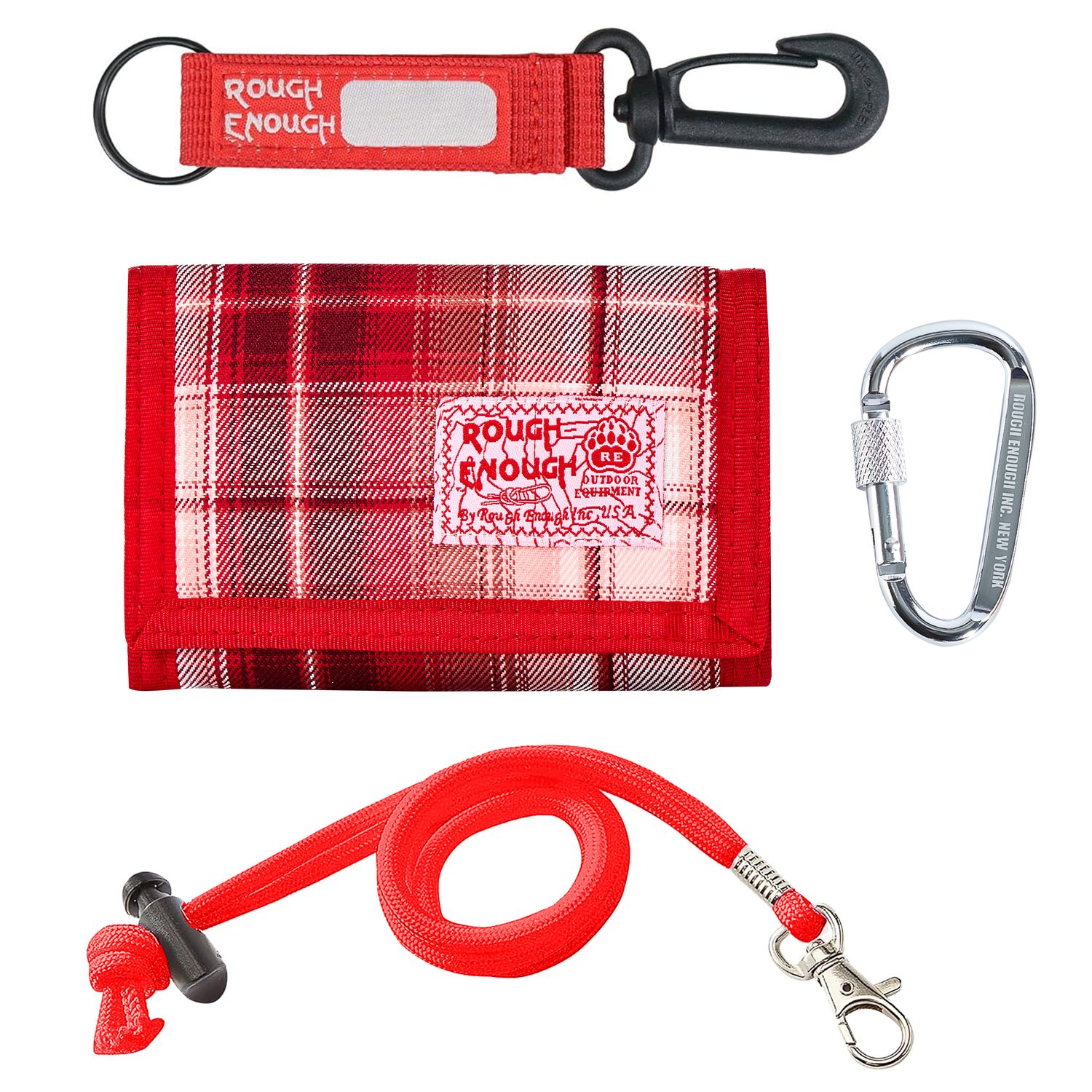 Rough Enough RFID Blocking Wallet for Teen Girls, Campus &amp; Daily Use , Fade-Resistant Red Plaid, YKK Zippers, 4 Slots + Coin Pocket, with Neck Lanyard &amp; Carabiner, for Travel &amp; Camp, Ages 8-18