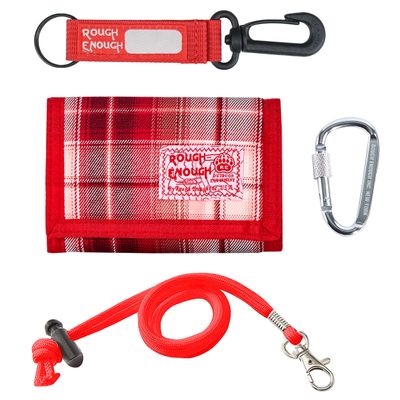 Rough Enough RFID Blocking Wallet for Teen Girls, Campus &amp; Daily Use , Fade-Resistant Red Plaid, YKK Zippers, 4 Slots + Coin Pocket, with Neck Lanyard &amp; Carabiner, for Travel &amp; Camp, Ages 8-18