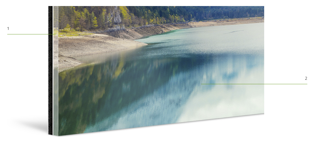 1) Vetro Acrilico 2mm / 2) stampa fotografica e silicine ad elasticità permanente