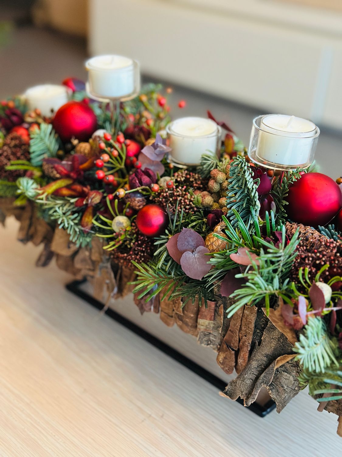 Tafelstuk kerstsfeer met theelichtjes