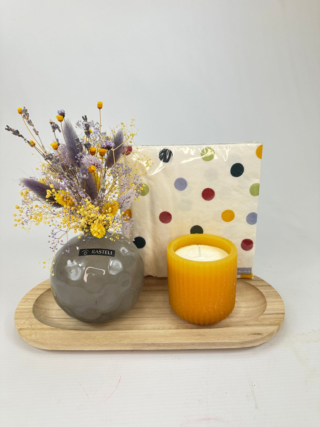 Cadeauset droogbloemen geel/grijs